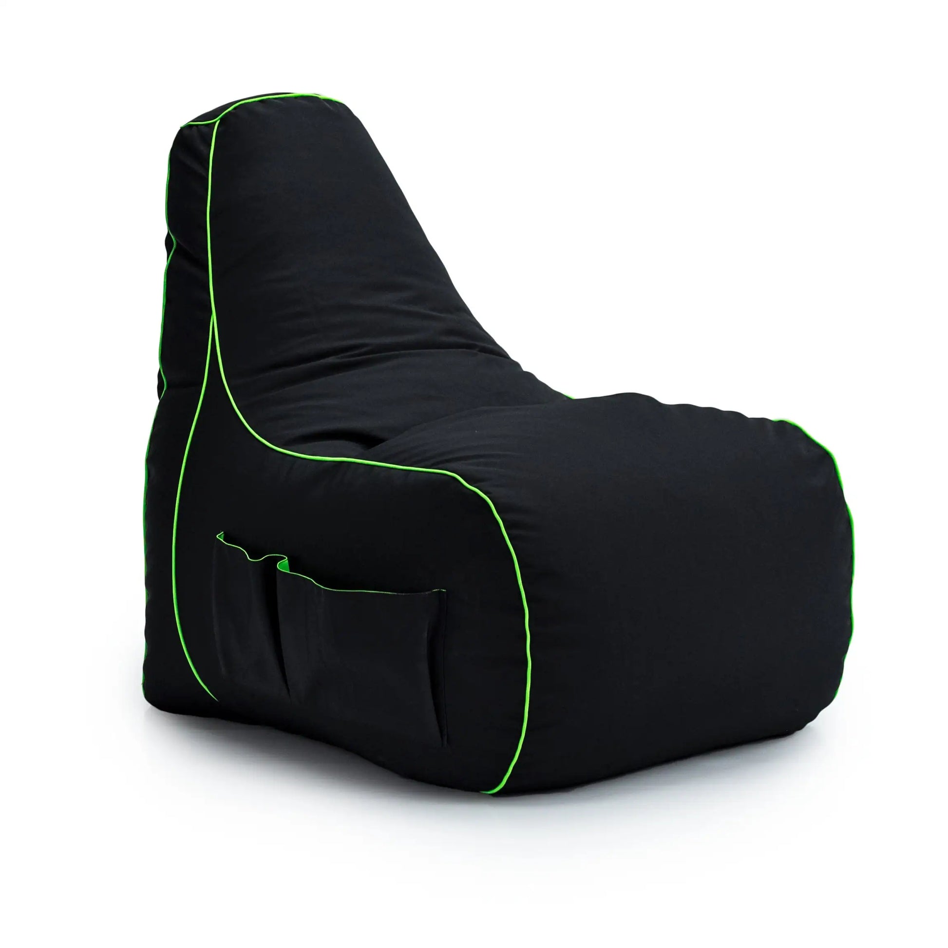 Black bean bag chair with neon green trim on a white background.