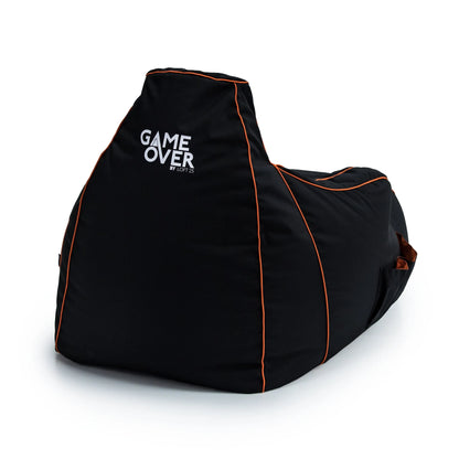 A black bean bag cover with orange trim and a headphone holder sits on a white background.