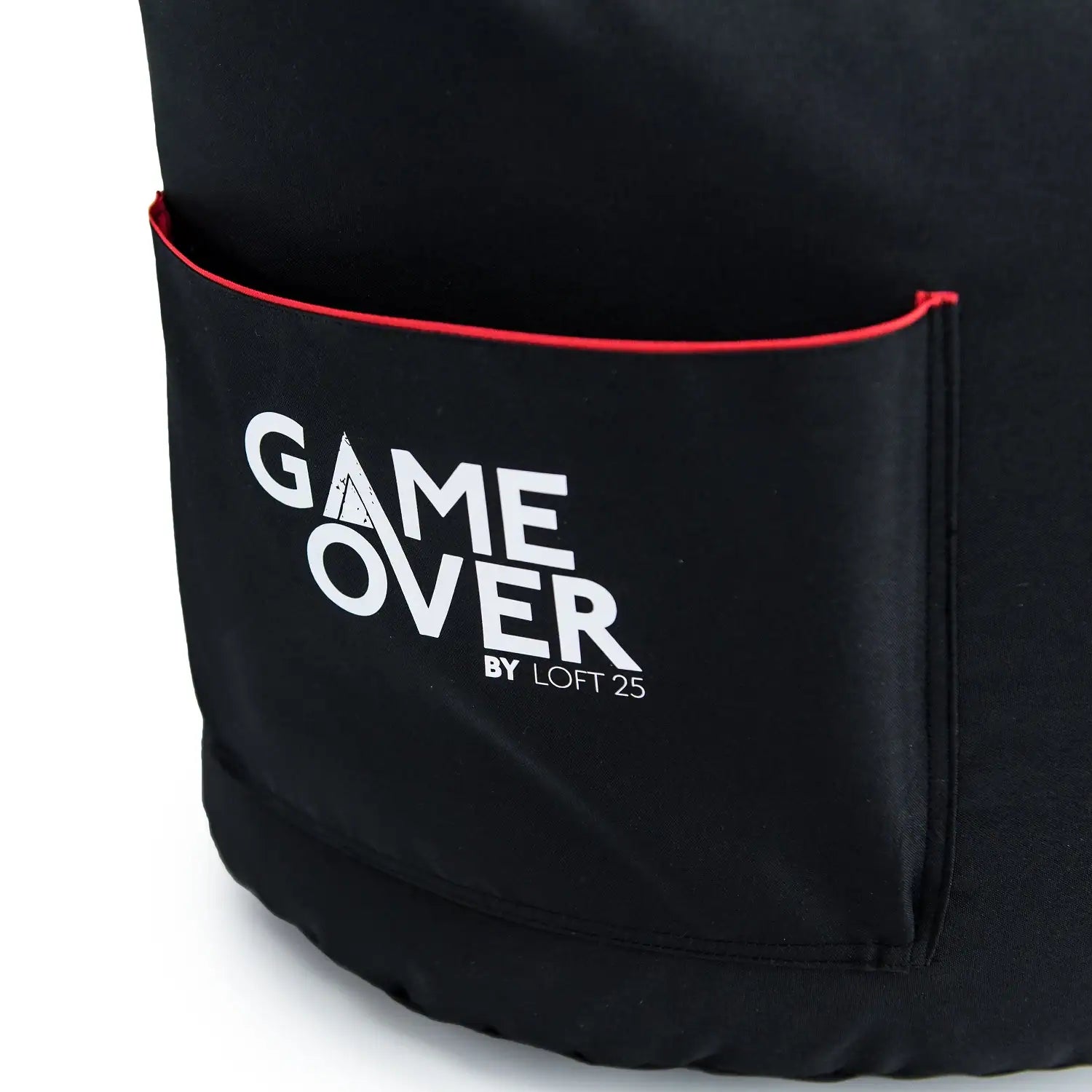 Black bean bag ottoman with red trim and "GAME OVER" logo