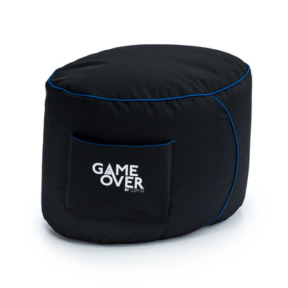 Black bean bag ottoman with blue trim and "GAME OVER" logo.