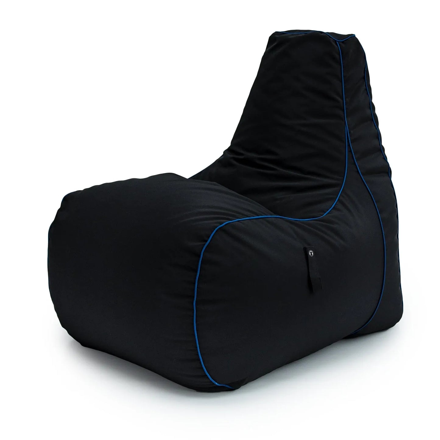 A black bean bag cover with blue trim on a white background.