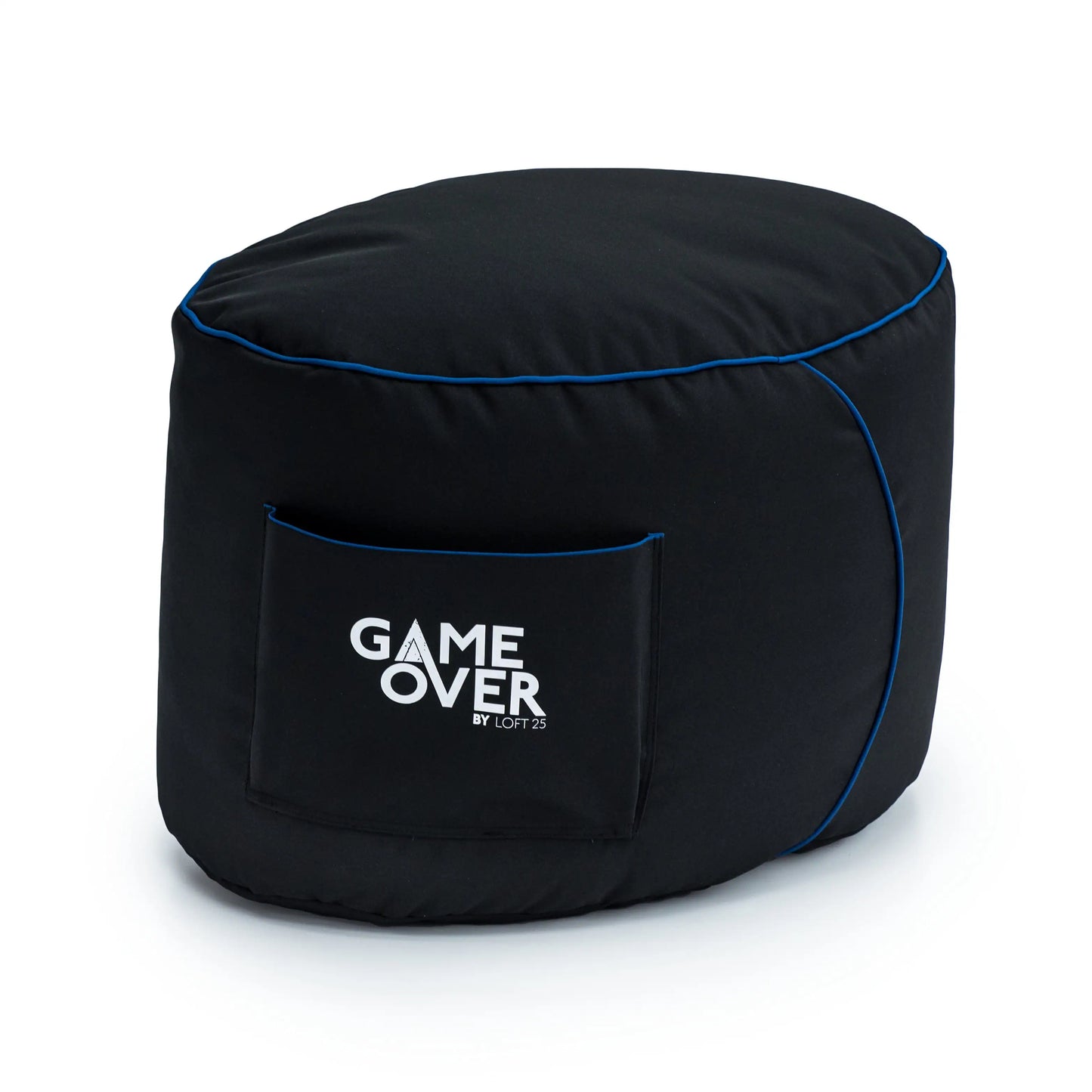 Black bean bag ottoman cover with blue trim and "GAME OVER" logo