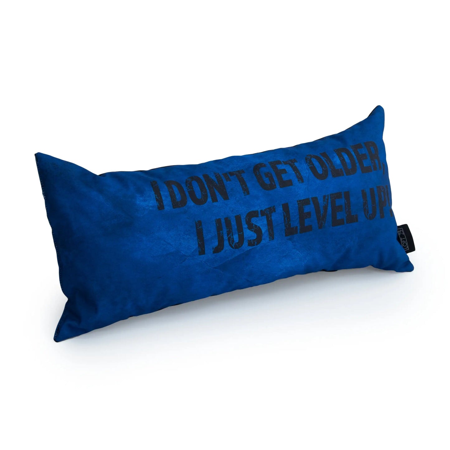 A blue pillow with the text "I don't get older, I just level up."