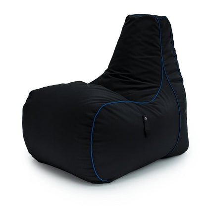 A black bean bag chair with blue trim on a white background.