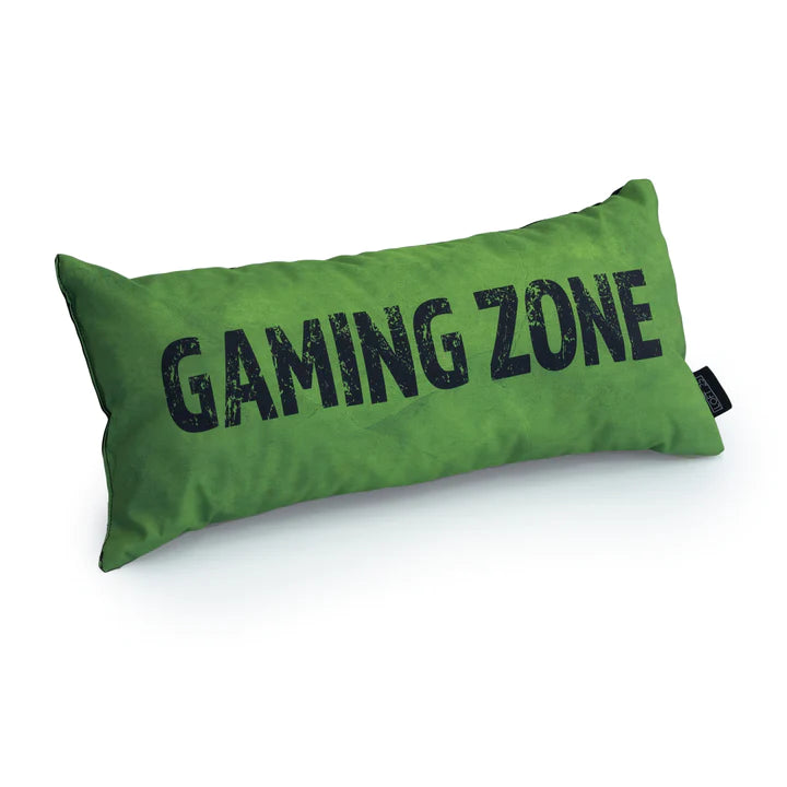 A green pillow with the text "GAMING ZONE" written on it in white letters.
