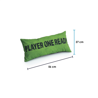 A green pillow with the words "PLAYER ONE READY" written on it.
