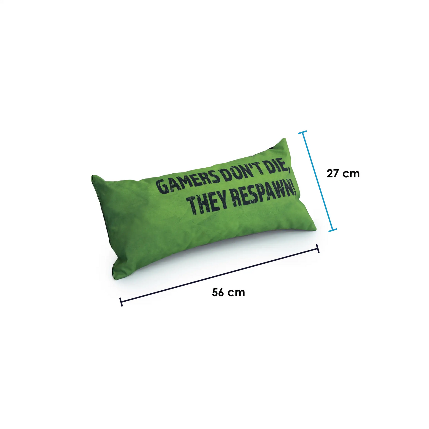 A fluffy green pillow with the text "gamers don't die, they respawn" written on it in white letters.