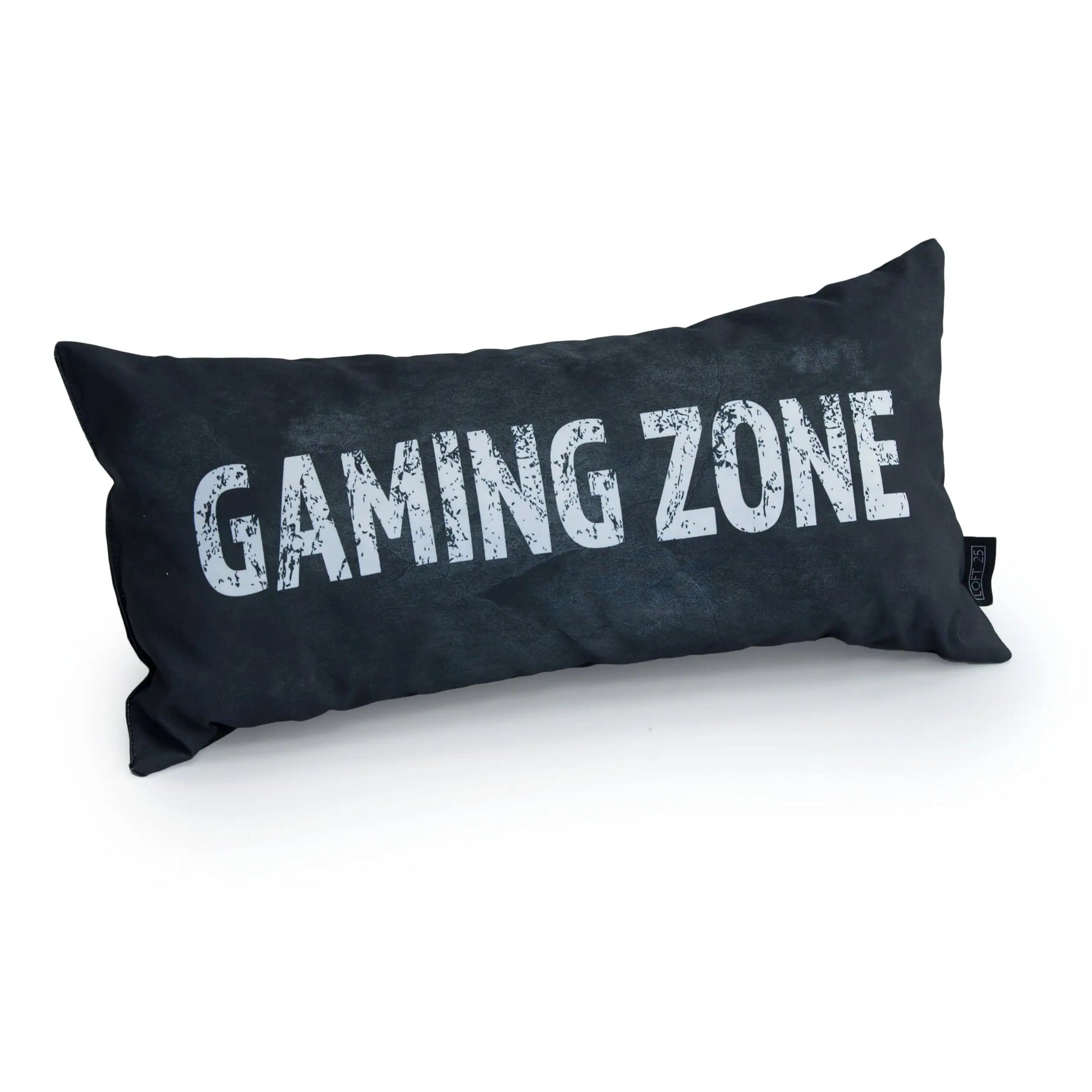 A white pillow with the words "GAMING ZONE" written on it in silver and white.