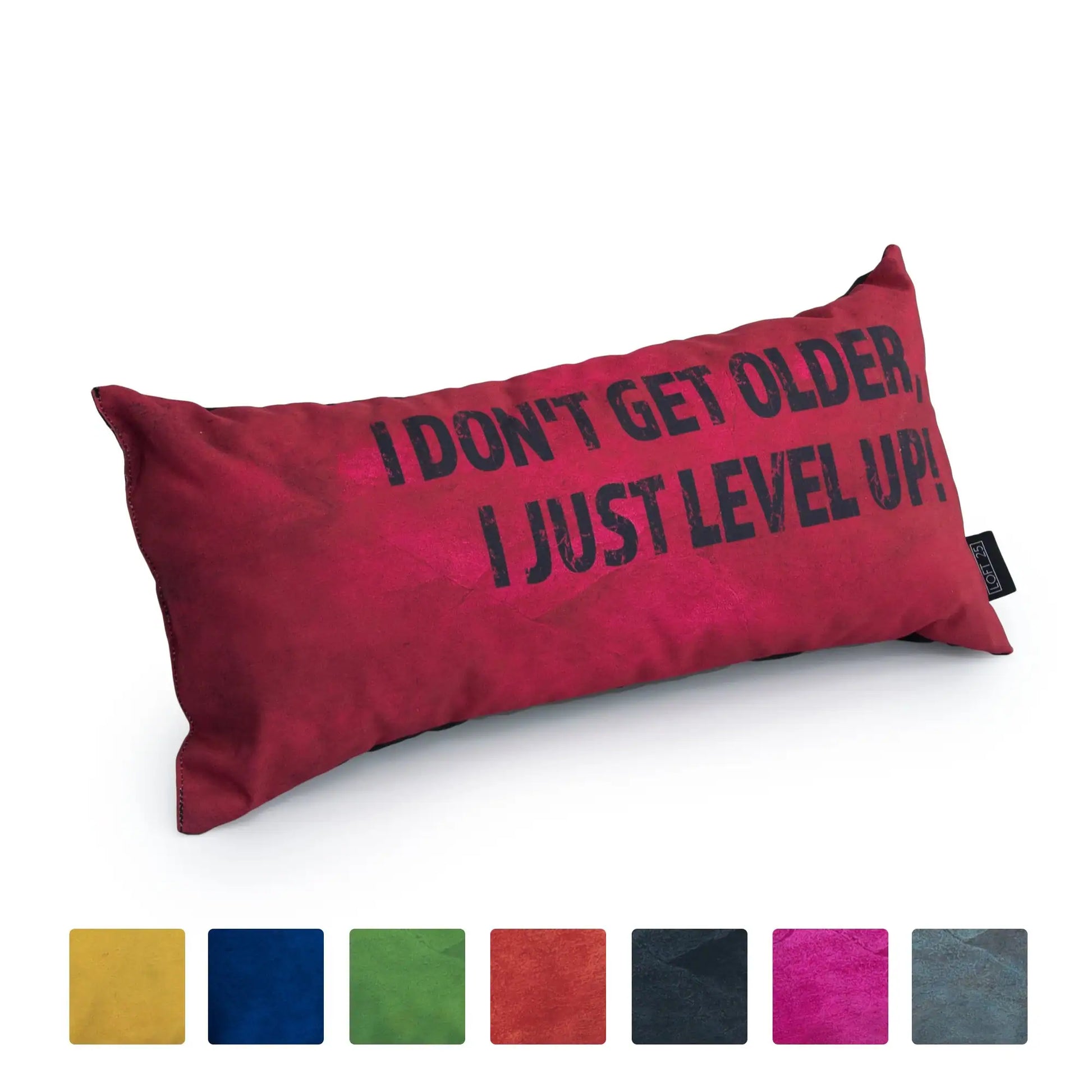 A red rectangular pillow with the text "I don't get older, I just level up."