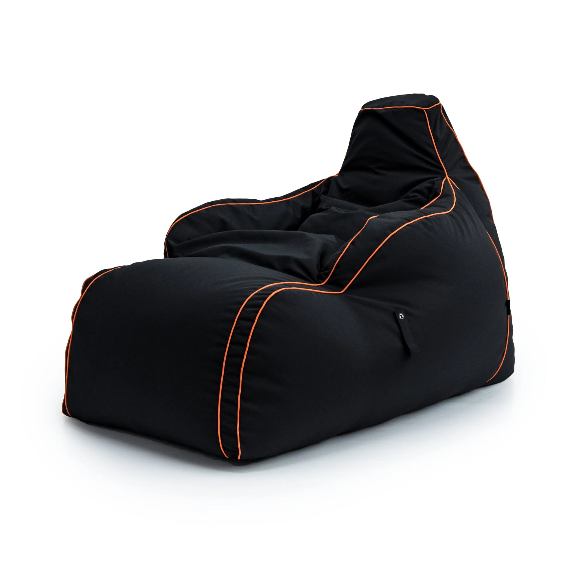 A black bean bag chair with orange trim and a headphone holder sits on a white background.