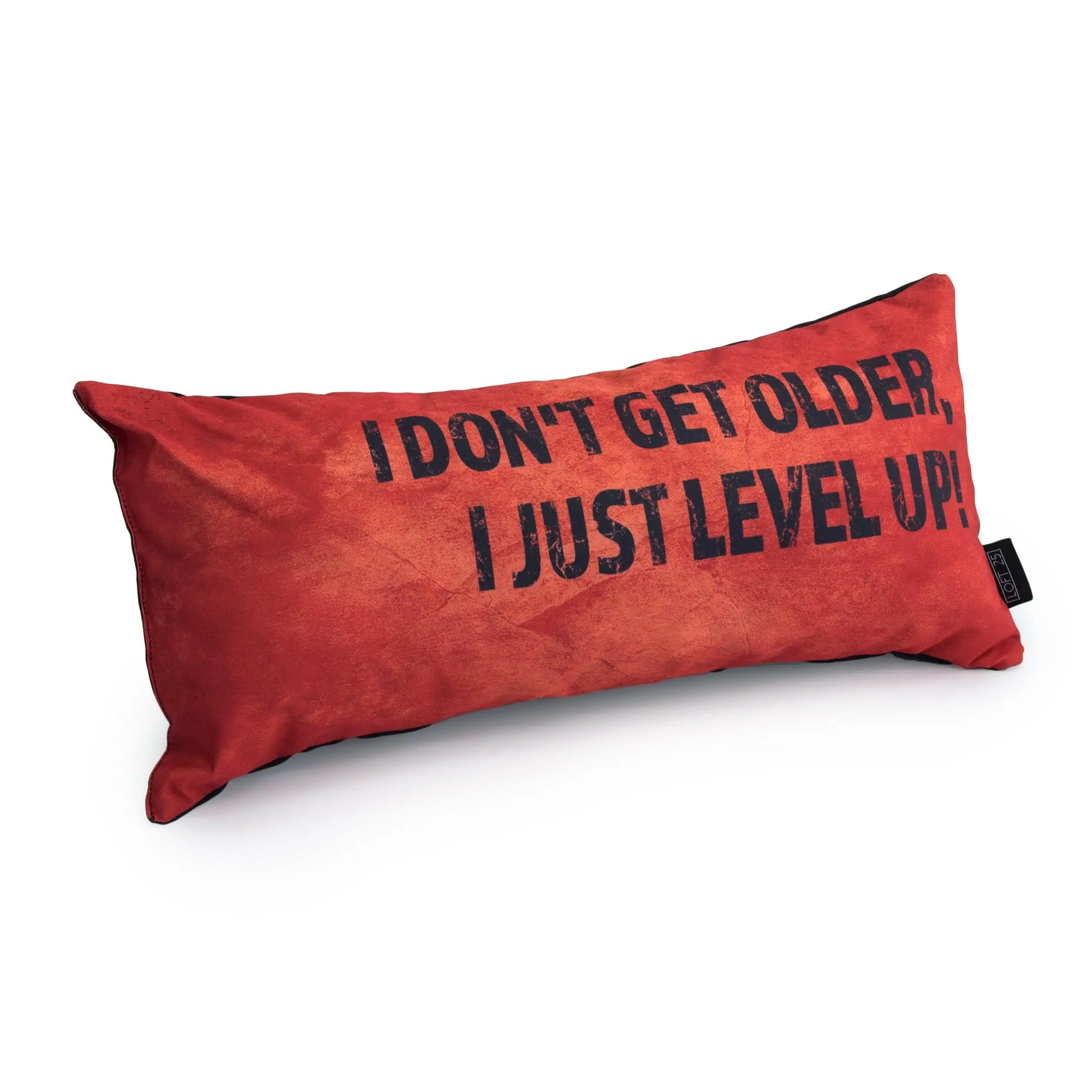  A orange pillow with white text that says "I don't get older, I just level up."