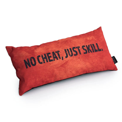 A orange pillow with the text "NO CHEAT, JUST SKILL" on it.