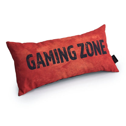 A orange pillow with the words "GAMING ZONE" written on it in white.