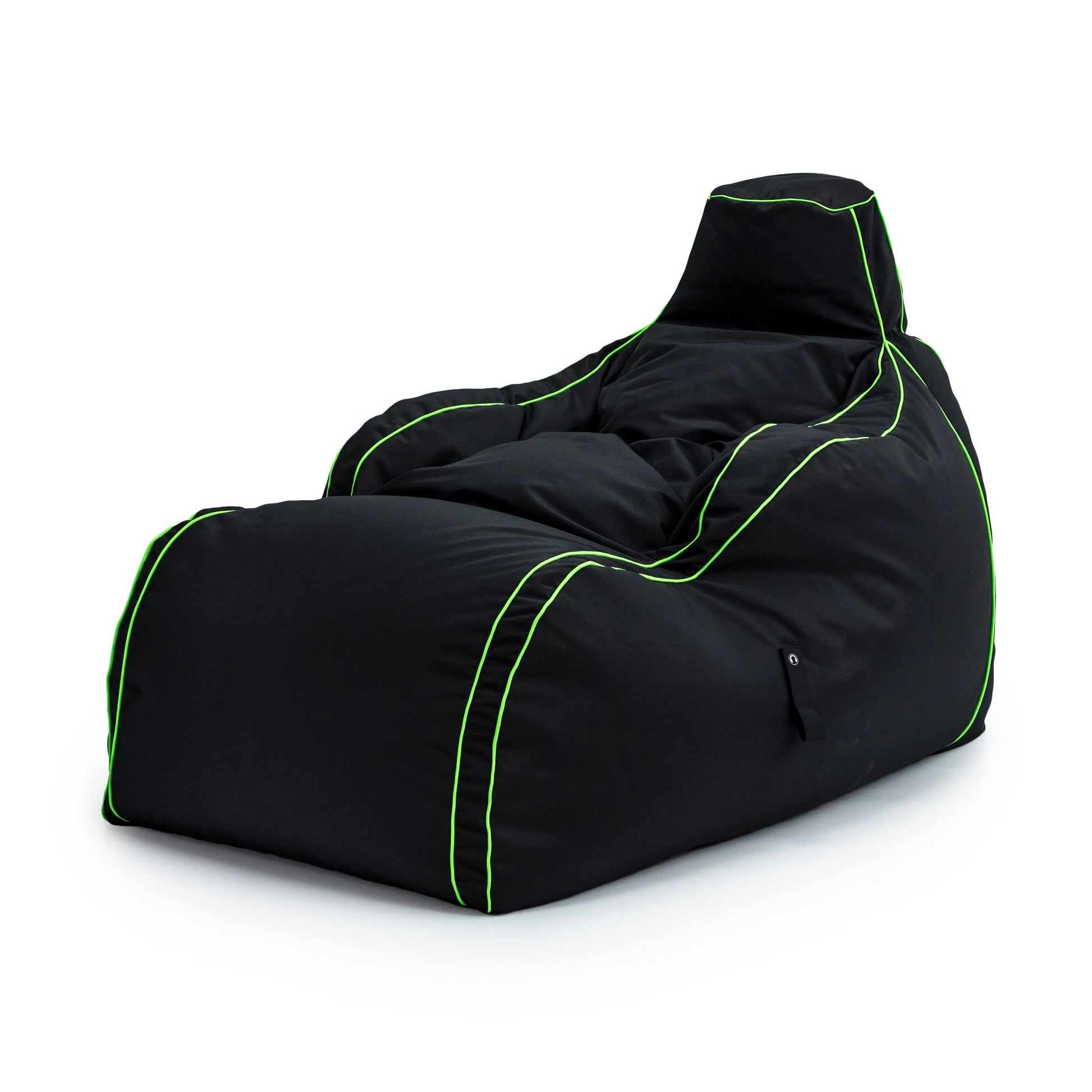 A black bean bag cover with neon green stripes sits on a white background.