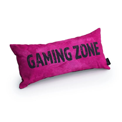 A pink pillow with the words "GAMING ZONE" written on it in black.