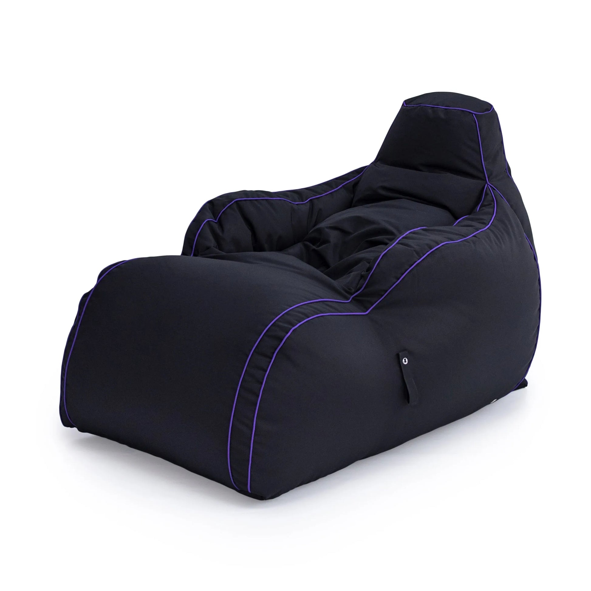 A black bean bag cover with purple trim sits on a white background.