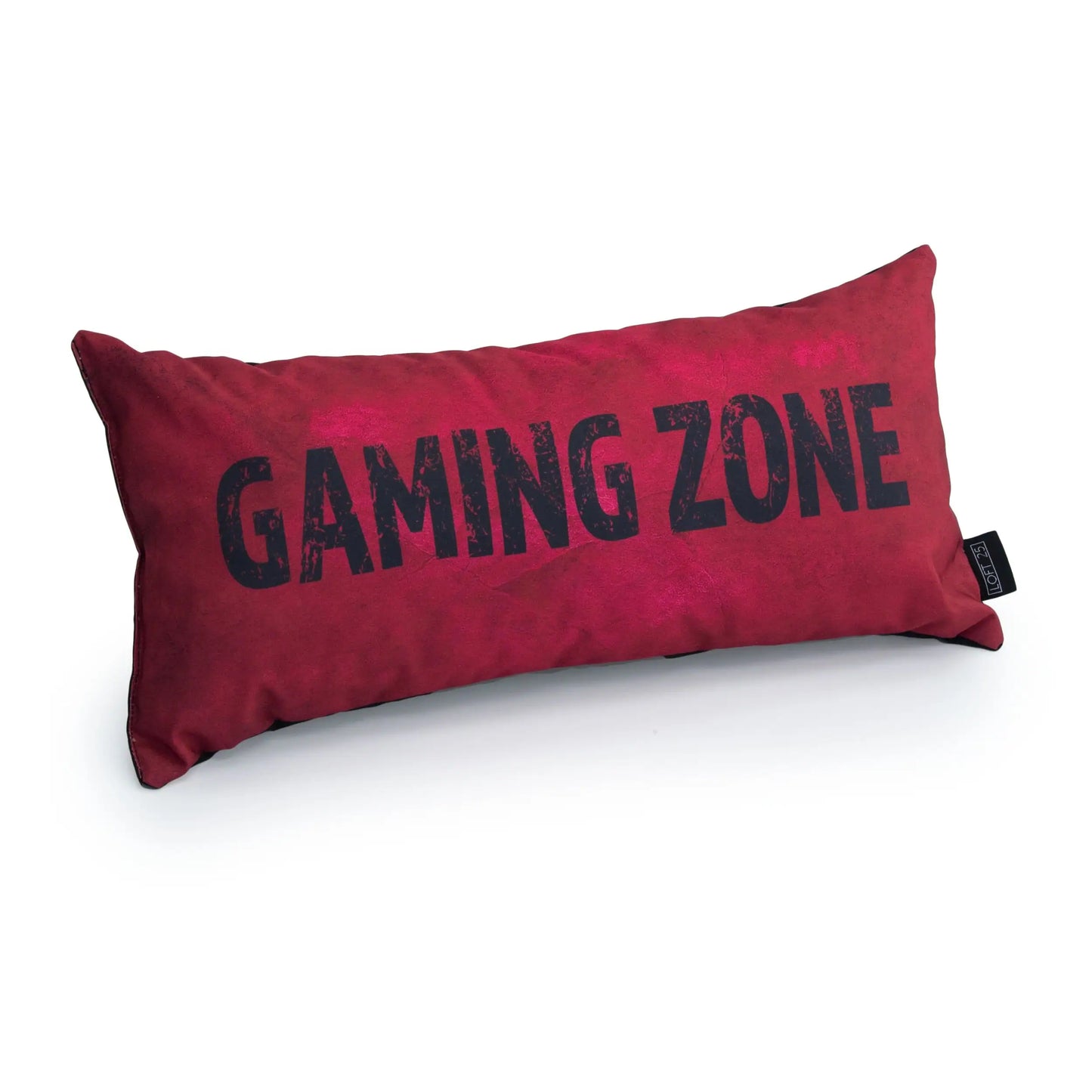A red pillow with the words "GAMING ZONE" written on it in black.