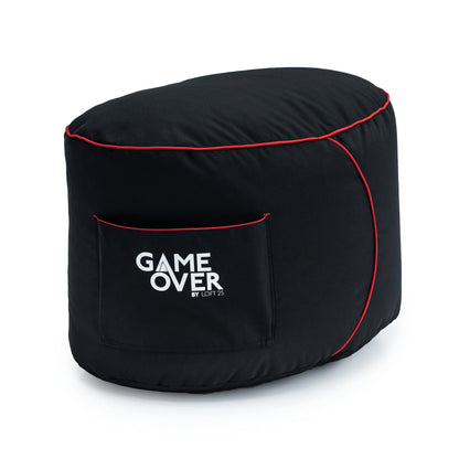 A black gaming ottoman cover with a red trim and a "GAME OVER" logo.