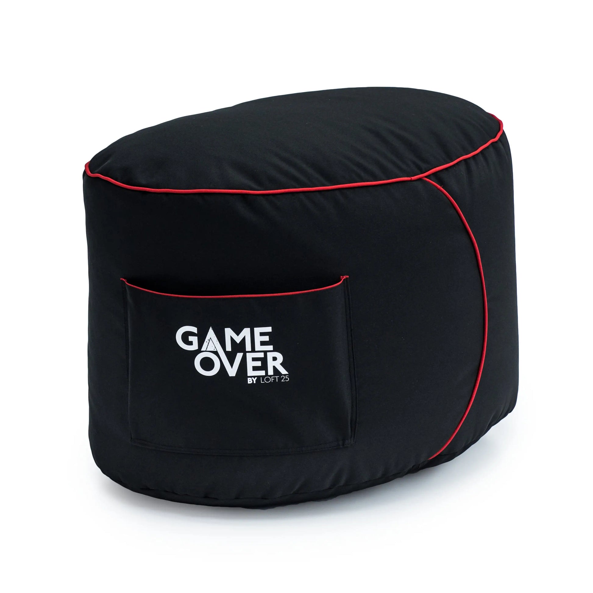 Black bean bag ottoman cover with red trim and "GAME OVER" logo