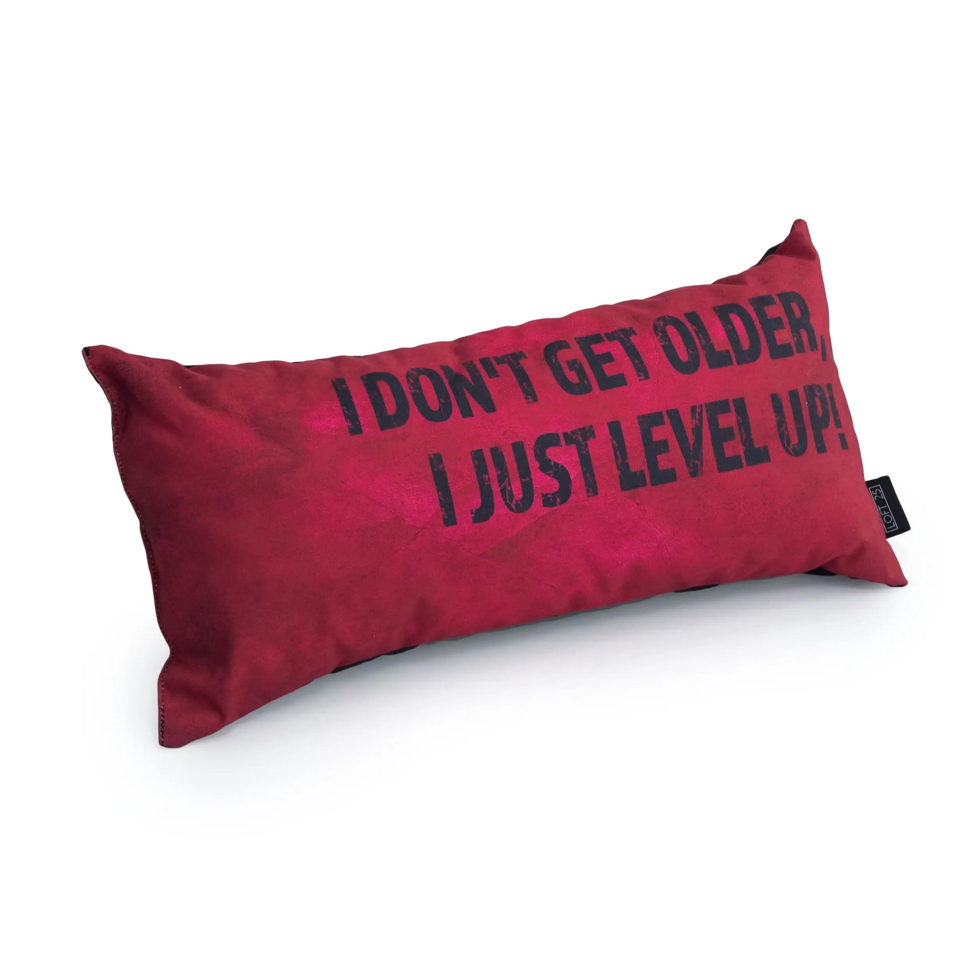 A red rectangular pillow with the text "I don't get older, I just level up."