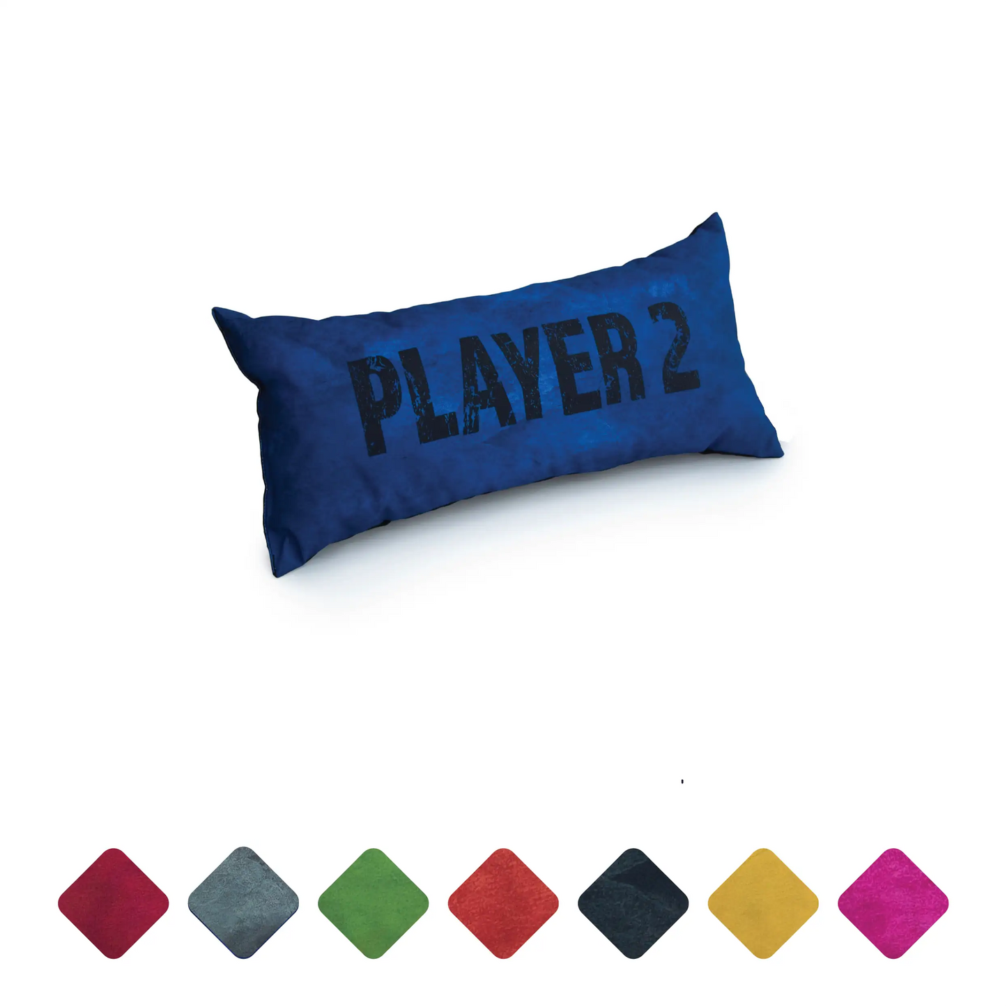A blue pillow with the words "player 2" written on it.