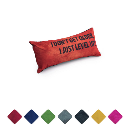 A orange rectangular pillow with the text "I don't get older, I just level up."
