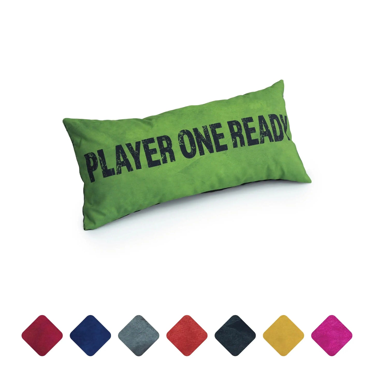 A green pillow with the words "PLAYER ONE READY" written on it.