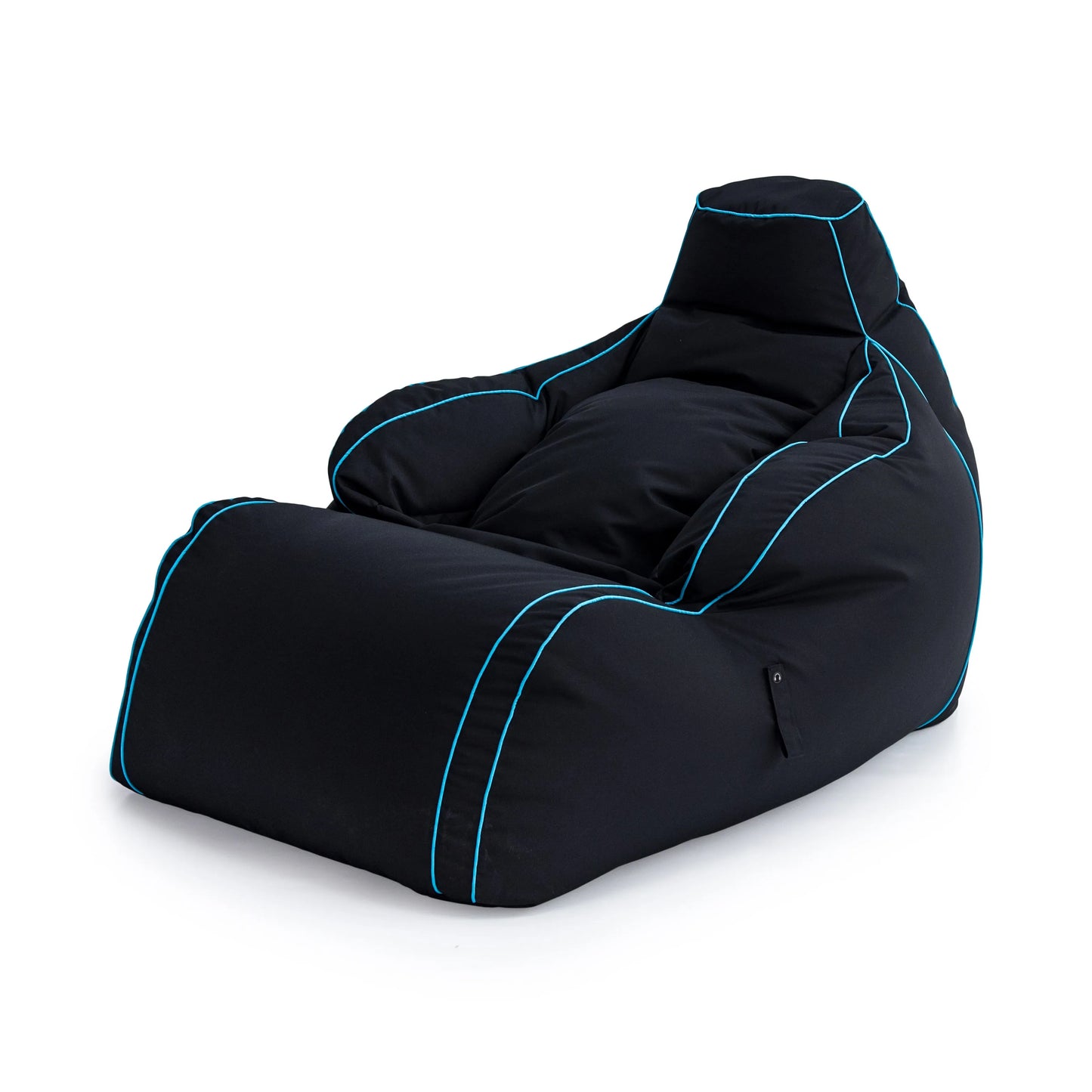 A black bean bag chair with blue stitching sits on a white background.