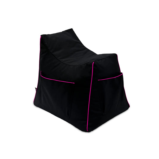 A comfortable and stylish bean bag cover in black with pink trim.