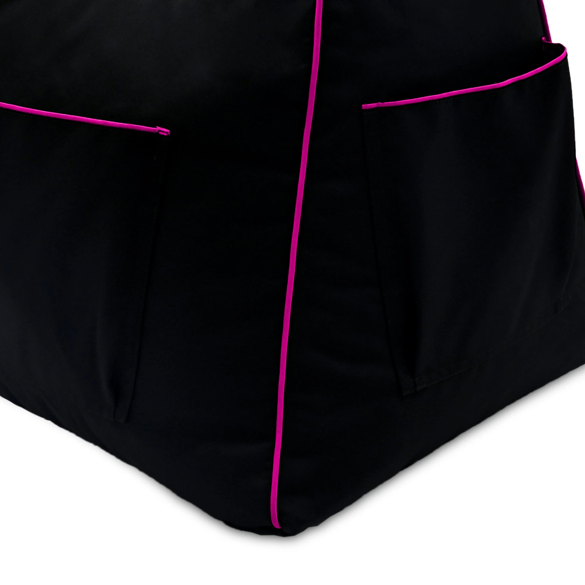 A black bean bag cover with a pink stripe.