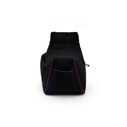 A comfortable black beanbag chair with a pink trim