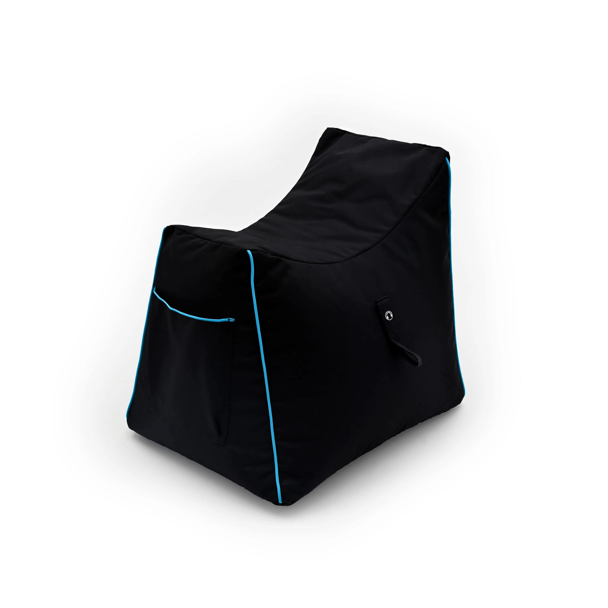 A black beanbag cover with a turq trim, perfect for relaxing or gaming.