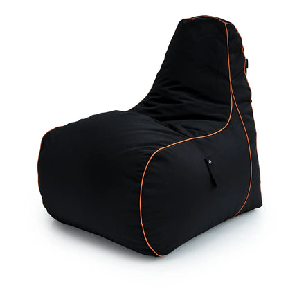 A black bean bag cover with orange trim on a white background.