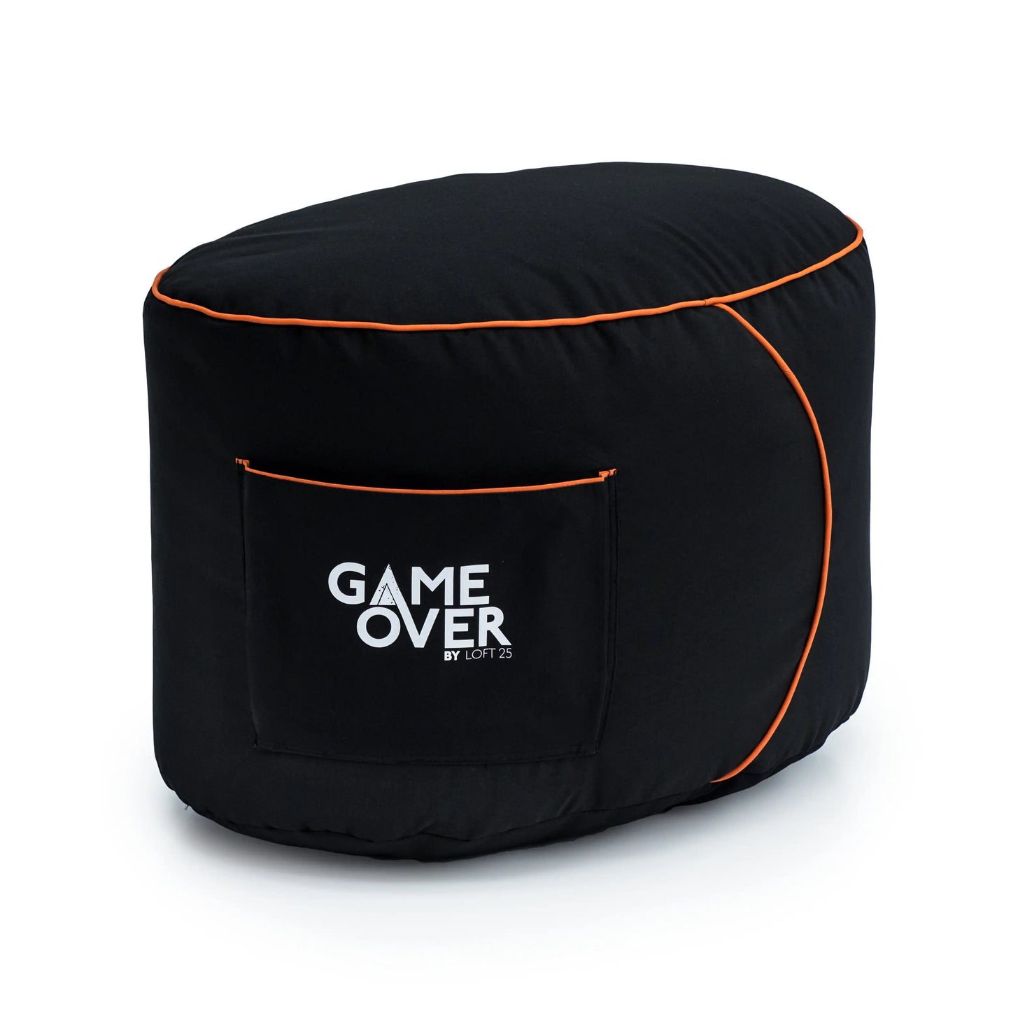 Black bean bag ottoman cover with orange trim and "GAME OVER" logo