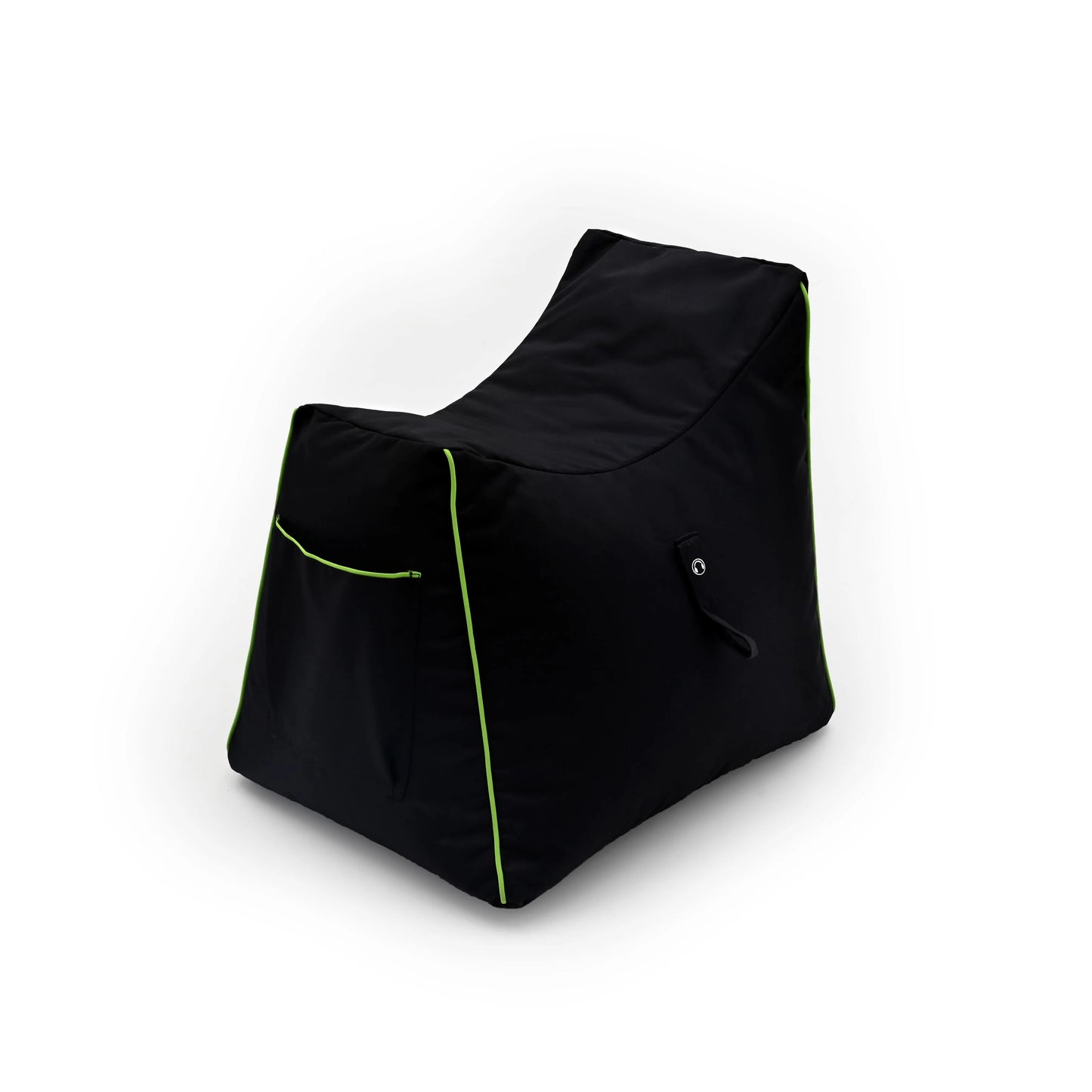 A black beanbag chair with green trim on a white background.