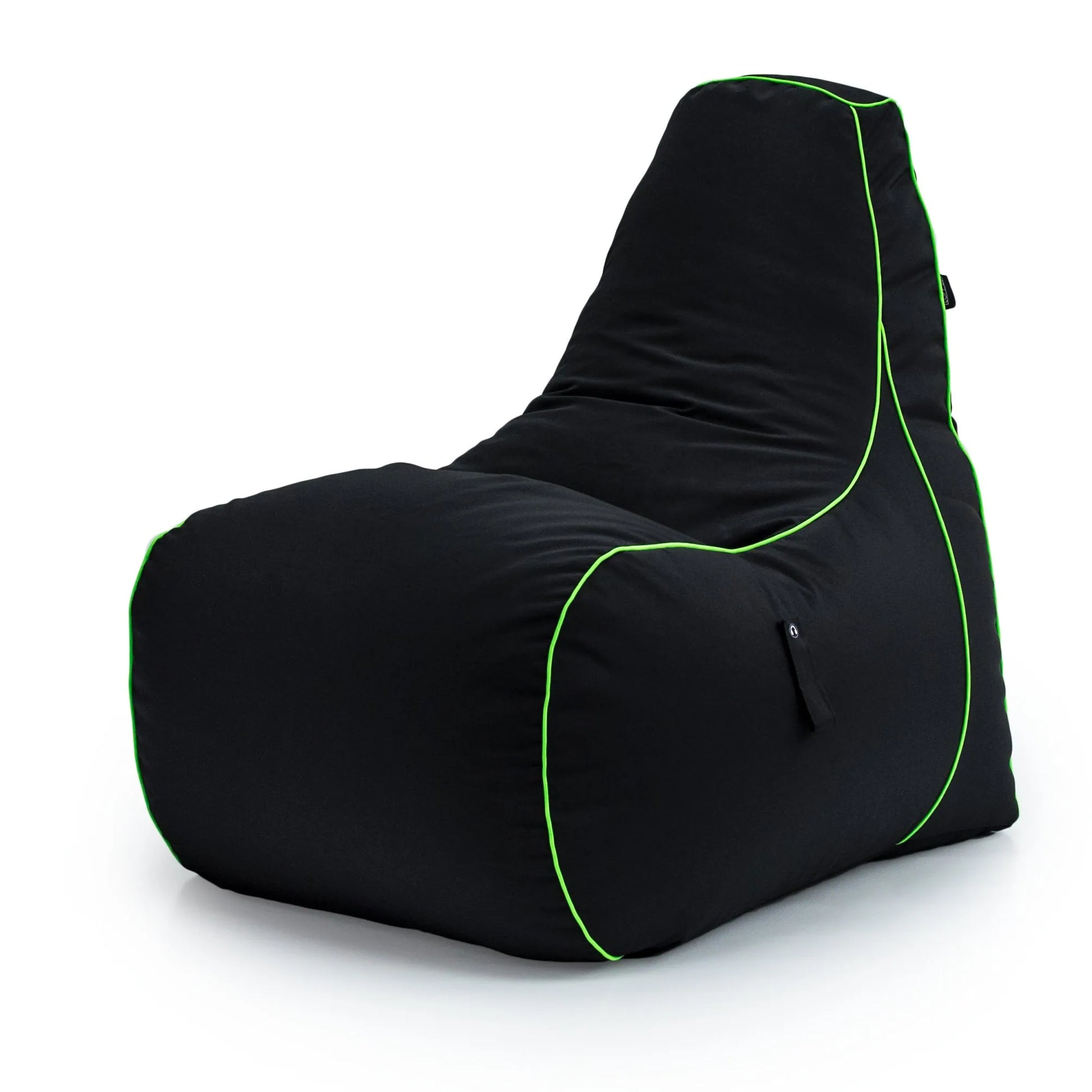 Black bean bag chair cover with neon green trim on a white background.