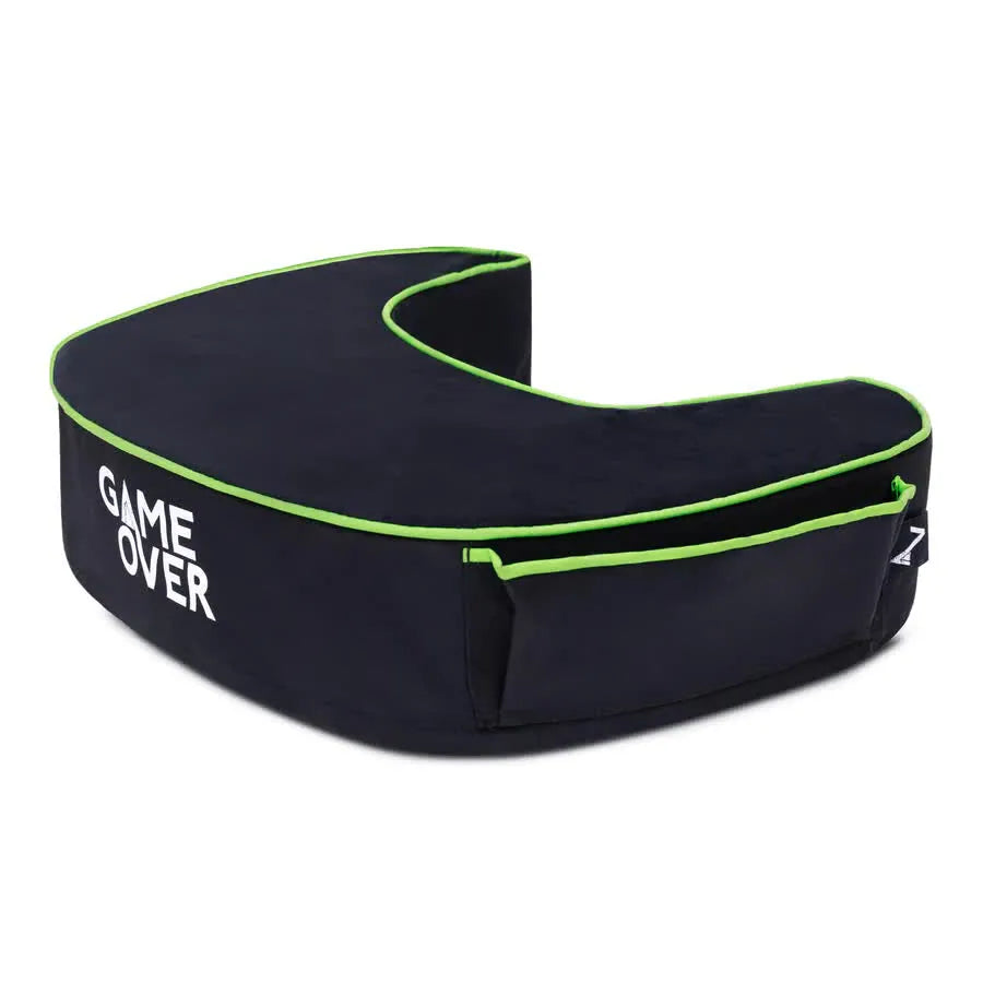 Black and green pillow with the phrase "GAME OVER"