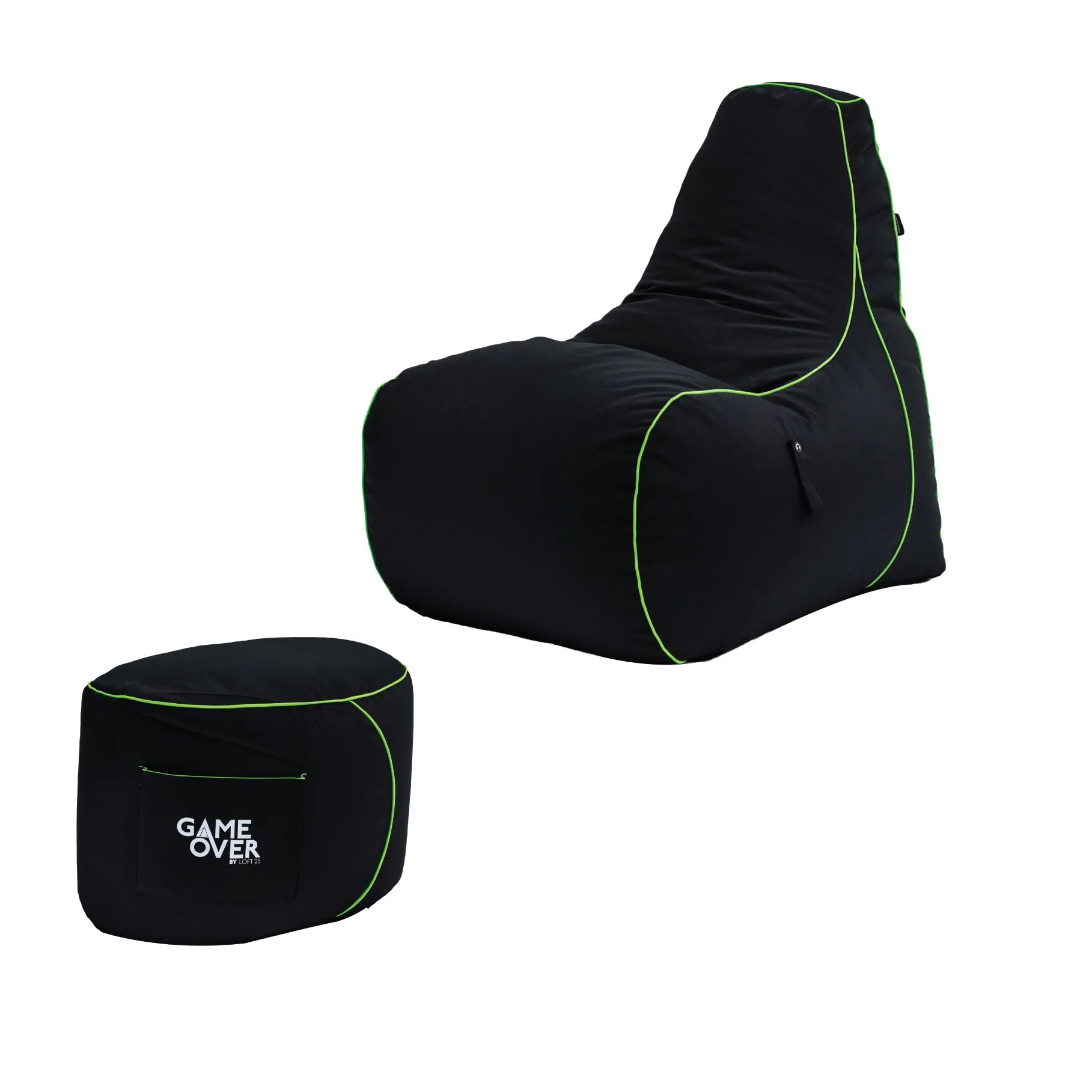 A bean bag chair with a foot stool.