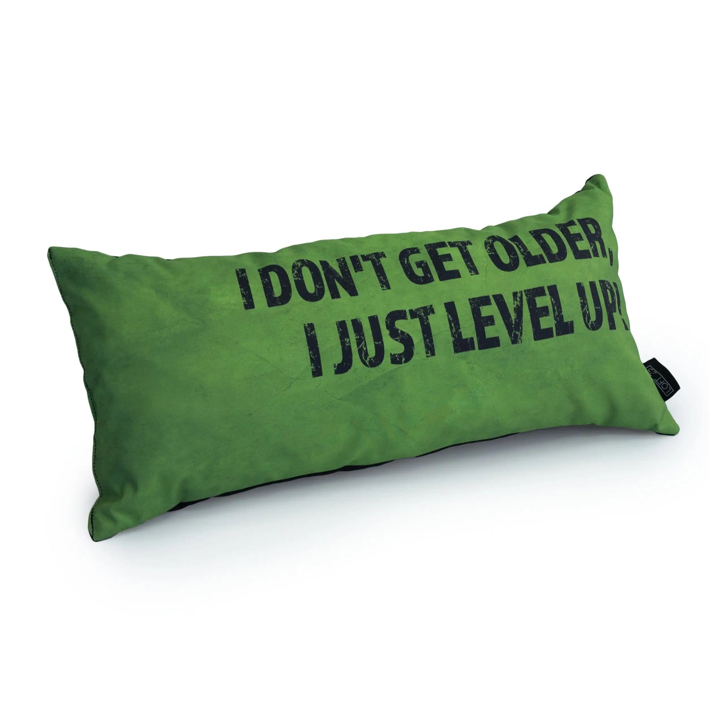A green rectangular pillow with the text "I don't get older, I just level up."