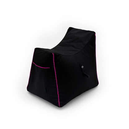 A cozy black beanbag chair with pink accents, perfect for gaming or lounging.