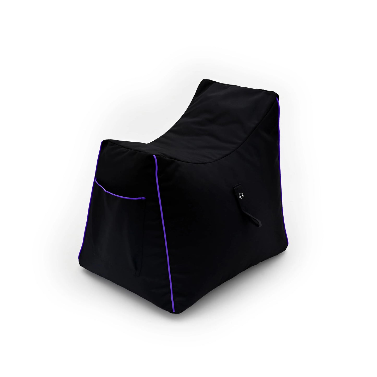 A comfortable black bean bag chair with purple piping.
