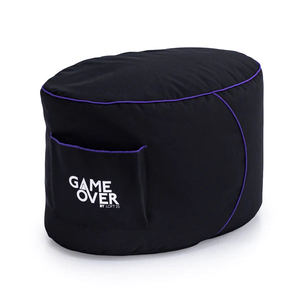 Black bean bag ottoman cover with purple trim and "GAME OVER" logo.