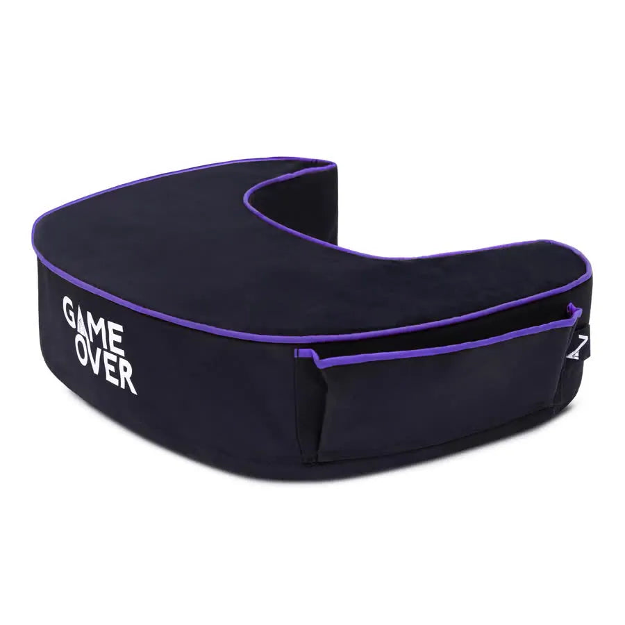 Black and purple pillow with the words "GAME OVER" in white font