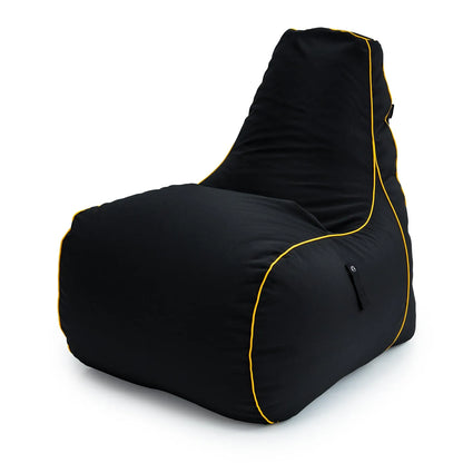 A black bean bag chair with yellow trim.