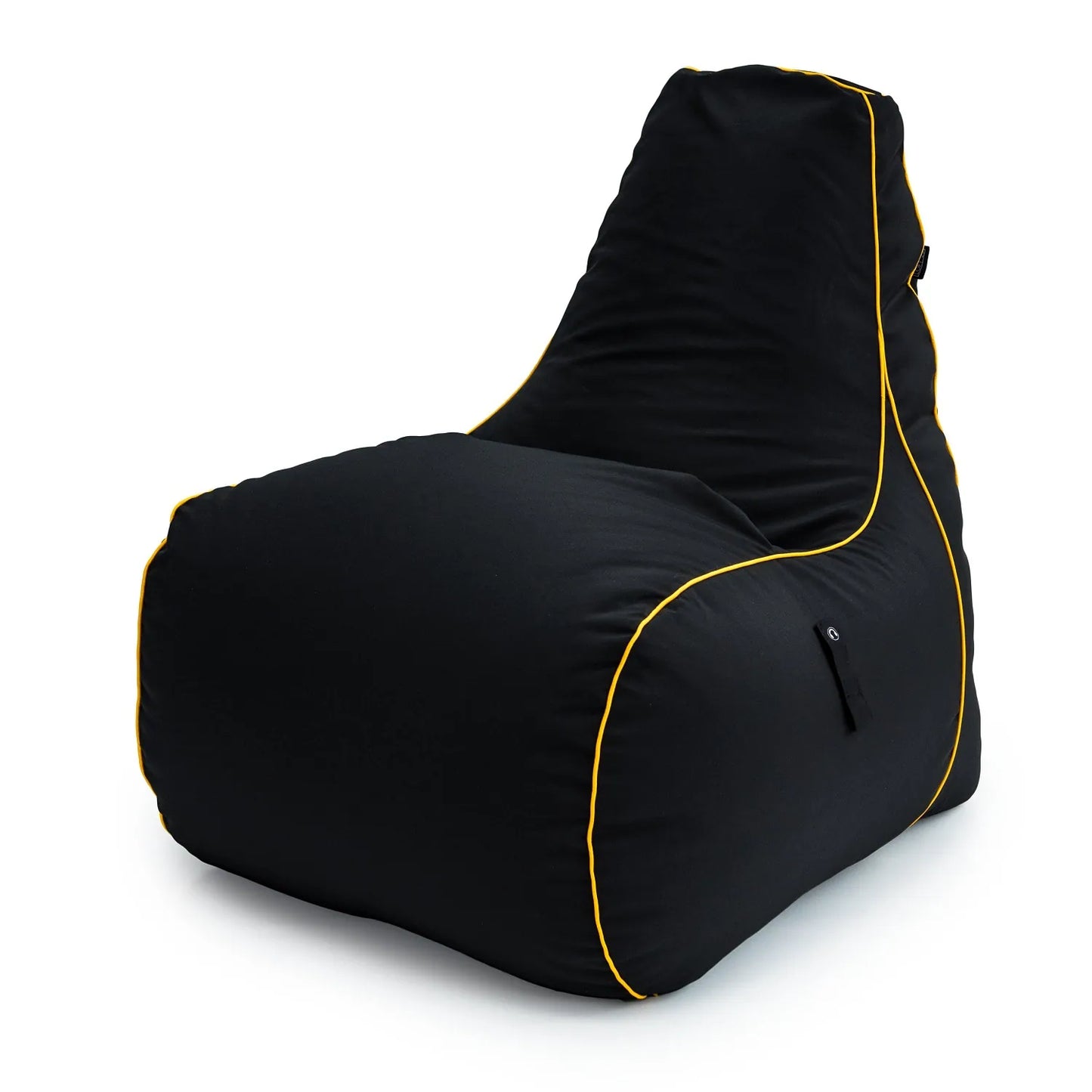 A black bean bag cover with yellow trim.