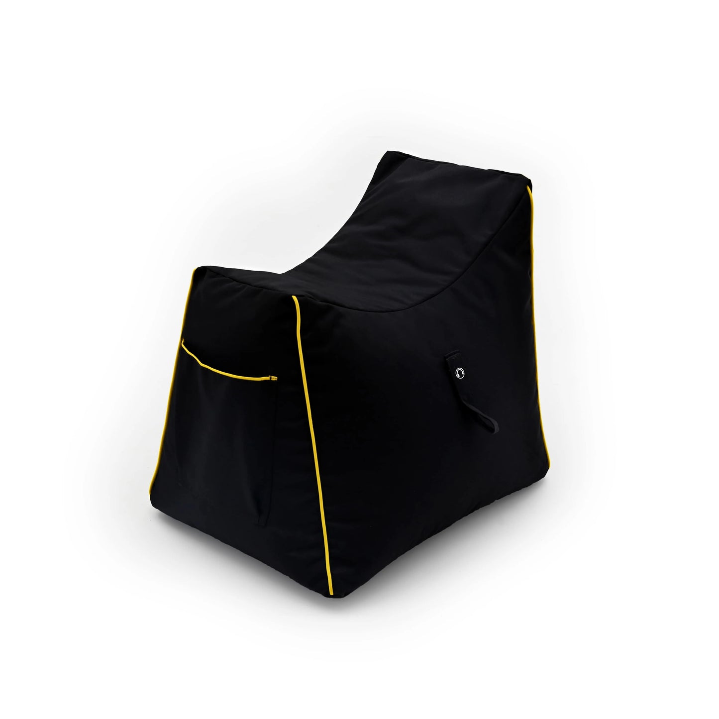 A black and yellow beanbag chair, perfect for relaxing or gaming.