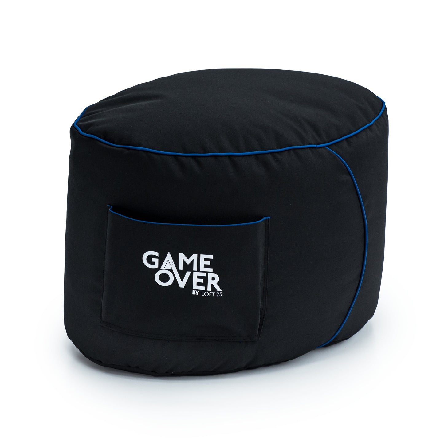 Black bean bag ottoman with red trim and "GAME OVER" logo